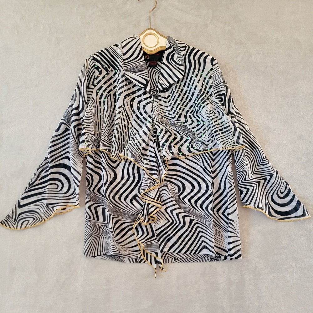 Trippy 90s/Y2K Optical Illusion Ruffle Blouse Sheer Small Zebra Sequins